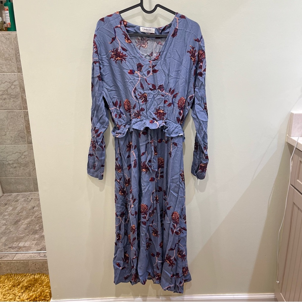 Purple and Blue Long Sleeve Sundress with Bishop Sleeves